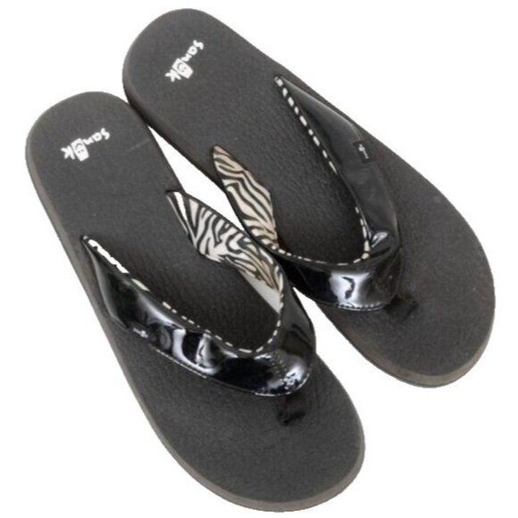 Sanuk Zebra Black Patent Flip Flop Thong Sandal Slip-on Flats Women's 10 - Picture 1 of 5